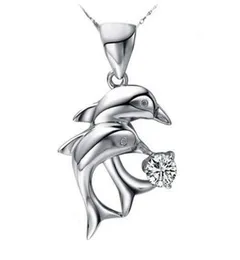 Lovers Diamond Double Dolphin Love Pendant Amethyst Crystal Blue White Zircon Short Necklac DMFN071 with chain mix order Pendant9407442