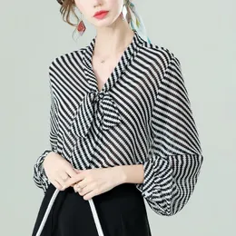 Blusas Femininas 2023 Verão Camisa de Manga Longa Solta Blusa Casual C Bowknot Chiffon Senhora Camisas Mulheres Cintura Amarrada Elegante Listras Meninas