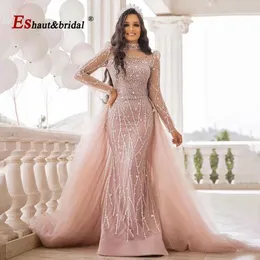 Urban Sexy Dresses Elegant Pink Muslim Mermaid Evening Dress for Women 2023 Long Sleeves High Neck Beads Sequin Formal Prom Wedding Party Gowns 230707