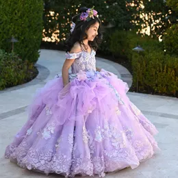 Omuz Kapalı Prenses Çiçek Kızlar Düğün Partisi için Elbiseler 2023 3D Çiçek Dantel Aletleri Lanvender Brithday Party Çocuklar Resmi Giyim Toddler Uzun Pageant Elbise