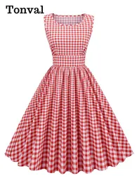 Vestidos tonval gingham 50s pinup rockabilly vestidos de algodão para mulher 2022 oneck sem mangas cintura alta xadrez plissado vestido vintage