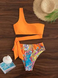 카디건 2023 새로운 푸시 업 싱글 어깨 줄무늬 여자 비키니 세트 고 잘린 인쇄 바닥 패딩 수영복 여름 비치웨어 수영복