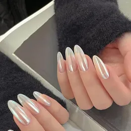 False Nails 24pcs Pearlescent White Almond Fake Full Cover Unique Trendy Color Nail Decors For Women And Girls Decor