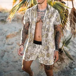 شاطئية شاطئية لباس الصيف شورت شورتات من قطعتين من الرجال رجال قميص هاواي وسروال شورت طباعة استوائية بدلة ملابس شارع شارع رائعة رائعة
