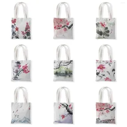 Storage Bags Women Canvas Shoulder Bag Chinese Brush Painting Ladies Shopping Lotus Peony Handbags Tote Books For Girls