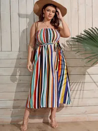 Grote maten jurken Finjani kleurrijke gestreepte gesmokte buisjurk dames bohemien zomer sexy rugloze lange rok sjerpen