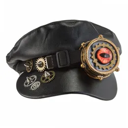 Boné Steampunk Newsboy Chapéu preto com rebites de couro sintético com óculos de proteção Chapéu de cosplay de performance de festa gótica