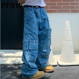 Men's Jeans PFNW 2023 Mens Multi Pocket Wash Ing Wide Leg Pants Oversized Long Trousers China Chic Work Clothes High Street 12A6423 230707