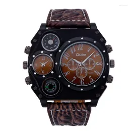 Wristwatches Oulm Unique Shape Outdoor Men's Quartz Leather Band Dual Time Zone Watch Relogios Masculinos De Luxo Original