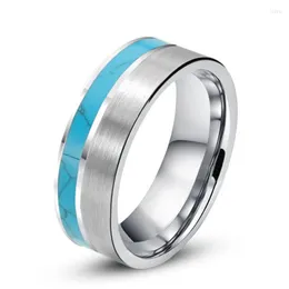 Obrączki ślubne moda 8mm mężczyźni niebieska cyrkonia kamień inkrustowany tytanowy pierścionek ze szczotkowanym środkiem stalowy pasek biżuteria prezent
