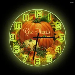 Relógios de parede Abóboras Relógio impresso com retroiluminação LED Dê graças Outono Outono Folhas Dia de Ação de Graças Decoração da casa Luz noturna