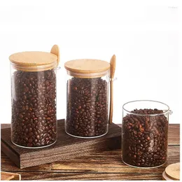 Storage Bottles Kitchen Accessories Food Glass Container Jars With Bamboo Lid Spoon Organizer Sealed Canister Coffee Beans Tea Sugar