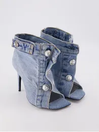2023 donne signore sandali in pelle genuina tacchi alti tacchi estivi peep bottoni stivali da matrimonio jeans jeans gladiatore casual le scarpe in passerella taglia 34-45