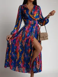 Casual Kleider Damen Kleid Frühling Sommer Frau 2023 Mode Gedruckt V-ausschnitt Street Style Gürtel Lange Ärmeln Top Kleidung
