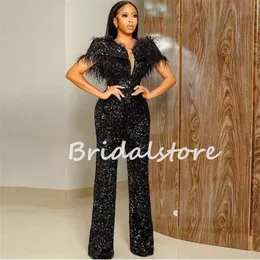 Glitzernder Pailletten-Jumpsuit, Abendkleid, 2023, elegantes schwarzes Mädchen-Ballkleid mit Federn, Übergröße, Nacht-Anlass, formelles Party-Outfit, südafrikanisches Zeremonienkleid