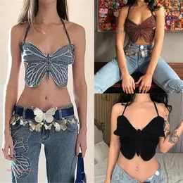 Women's Tanks For Butterfly Halter Tops Sexy Lace Up Tube Denim Sling Vest Ta