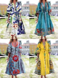 Sukienki na co dzień kobieca sukienka Vintage V Neck 3/4 bufiaste rękawy kwiatowy Print Tassel duże obszycie Maxi dla kobiet Femme Robe Drop Delivery Appa Dhayr