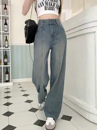 Frauen Jeans S-XL Sommer Koreanische Stil Frauen Gestreifte Lange Gerade Denim Hosen Blau Hohe Taille Breite Bein Für Damen (L60061