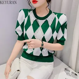 Strickjacken Kurzarm Argyle Gestrickte T-shirts frauen Dünne Pullover 2022 Frühling Sommer Oneck Colorblock Plaid Perlen Schlanke T-shirt Crop Top