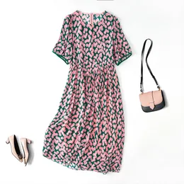 2023 Sommer Lila Polka Dot Print Getäfeltes Seidenkleid Kurzarm Rundhals Midi Freizeitkleider C3Q04 Plus Größe XXL 5098