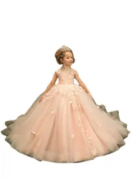 Blumenmädchenkleider für Hochzeiten, ärmelloses Tüll-Partykleid für Kinder, Mädchen, Spitzenapplikationen, Prinzessin, Ballkleid, Festzug