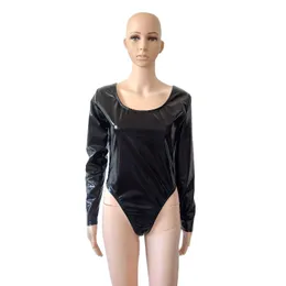 Sexy girls round neck high cut leg shiny Spandex Dancewear Bodysuit Long Sleeve jumpsuit Unitard