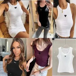 Top Vest Designer Tank Sleeveless Wome Summer Black Casual Shirts Tee Knitted Womens Sport Tops White Crop Sexy Shoulder Backless prad T-shirt Clothing