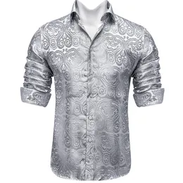 Camicie eleganti da uomo DiBanGu Luxury Silver Paisley Silk manica lunga per uomo Designer Casual Tuxedo Shirt Wedding Prom Party Abbigliamento 230707