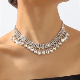 Pendant Necklaces Bling Clear Rhinestone Tassel Square Choker Necklace Wedding Jewelry For Women Crystal Multi Row Collar Gift