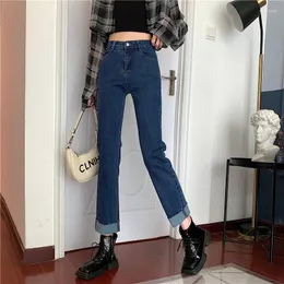 Jeans da donna N4229 Pantaloni a tubo fumé a vita alta retrò da donna a gamba dritta