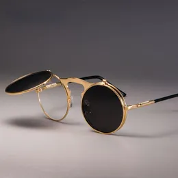 Okulary przeciwsłoneczne Marka Projektant Okrągłe Mężczyźni Kobiety Vintage Metalowe Okulary Przeciwsłoneczne Dla Kobiet Mężczyzna Flip Steampunk 230707