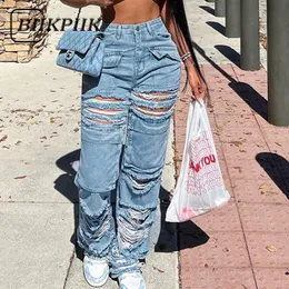 Womens Jeans BIIKPIIK Hollow Out Fashion Zipper Button Casual Basic Denim Pants High Waist Pockets Women Trousers Streetwear Outfits 230707