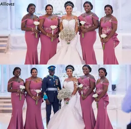 Vestidos de dama de honra rosa para meninas africanas ombro a ombro cetim elegante longo sereia meninas festa formal renda sereia aplique de casamento vestido de dama de honra CL2566