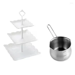 Plakalar 1 PCS Yapışmaz Pan Süt Pot Isıtma Pour Spouts ile 3 Katmanlı Cupcake Ekran Standı Tatlı Kule Meyve Tepsisi