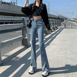 Damen-Jeans, Vintage-Stil, für Damen, vorderer Saum, Schlitz, Elastizität, einfach, passend, schlank, für Studenten, Boot-Cut-Denim, täglich, Freizeit, koreanischer Stil, trendig