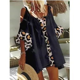 Befree Leopardenkleid 5XL Große Große Sommerparty Strandkleider Anzüge Damen Lose Schulterfrei Boho Spitze Vintage Rüschen Befree Leopardenkleid