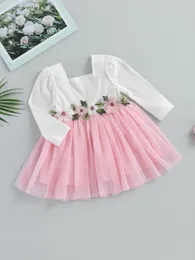 Mädchenkleider Mädchenkleid mit Blumendruck, langen Ärmeln, Tüll-Patchwork und Schleifenakzent