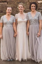 Silver Sequined Tulle A Line Bridesmaid Dresses Plus Size V Neck Short Sleeves Rustic Country Boho Wedding Guest Party Gowns Long Maid Of Honor Formal Wear CL2576