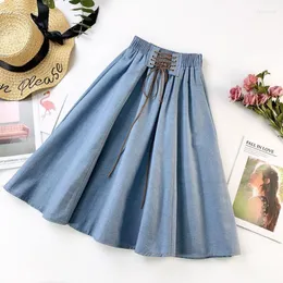 Etekler treutoyeu mavi midi uzunluk denim y2k sokak kıyafeti 2023 İlkbahar Yaz Kadın Polyester Etek Faldas Elegantes de Mujer