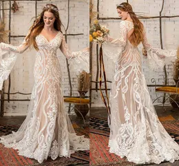 Abito boho in pizzo all'uncinetto hippie abiti da sposa a maniche lunghe di campagna