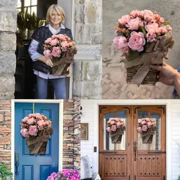 装飾花ピンク牡丹フラワーバスケット母の日リース紫ラベンダーツゲの花輪玄関ドア特大屋外用