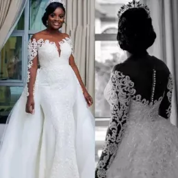 Vestido africano novo com mangas compridas tule ilusão sereia saia destacável vestidos de casamento de noiva