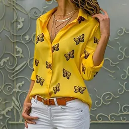 Bluzki damskie OUSLEE damska bluzka z nadrukiem motyla koszula 2023 wiosna lato Casual długi rękaw V Neck damskie guziki topy luźne