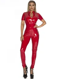 Capris kort ärm våt look pvc catsuit dubbel dragkedja öppen gren bodysuit glänsande pu läder tights jumpsuit sexig cosplay body leotard