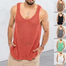 Pantolon erkek tank üst gevşek örgü spor yeleği yaz yeni erkekler moda şerit örgü kolsuz erkek tshirt nefes alabilen örgü sporları