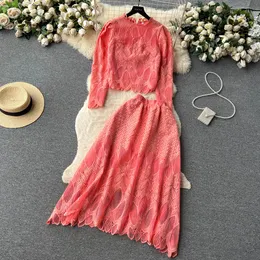 Two Piece Dress New Suits Women Round Neck Lace Stitching Wood Ear Long Sleeve Short Tops + Elastic Waist Hollow Thin Skirt Two-piece Sets 2023