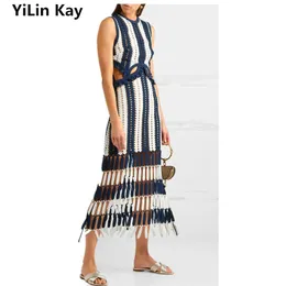 Sukienki Kay Yilin wysokiej jakości modna dzianinowa sukienka bez rękawów biała niebieska Patchwork w paski sukienki plażowe damskie letnie długie sukienki Maxi