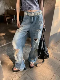 Jeans de mujer desgastados Y2K Vintage estilo americano calle cintura alta rasgado verano INS moda suelta Jean Streetwear