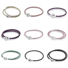 S925 Silver Bracelet Female Leather with Hand Rope Fashion European and American Temperament Leather Rope DIY Jewelry Bracelet