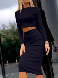 Pants Sexy Lady Short Tops Slim Skirts Matching Set Women Bodycon Midi Skirts Solid Suit Long Sleeve Mid Waist Skirt Two Piece Set New